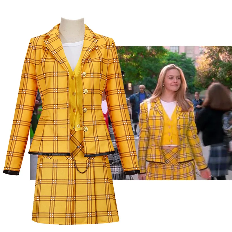 

Movie Cher Horowitz Cosplay Costume Women Yellow Plaid School Uniform Full Set Halloween Carnival Party Coat Skirt Fashion Suit