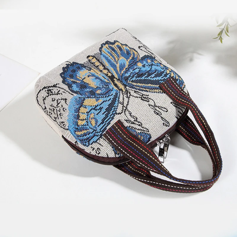 Butterfly Embroidery Top Handle Bag Small Phone Storage Purse Women's Woven Handbag With Zipper Canvas Handbag