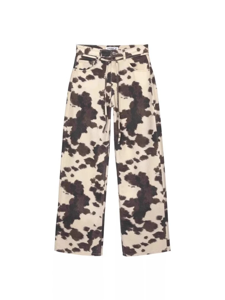 HOUZHOU Vintage Cow Print Jeans Women Y2k Baggy Hip Hop Washed Denim Trousers Grunge Retro Streetwear Wide Leg Jeans Aesthetic