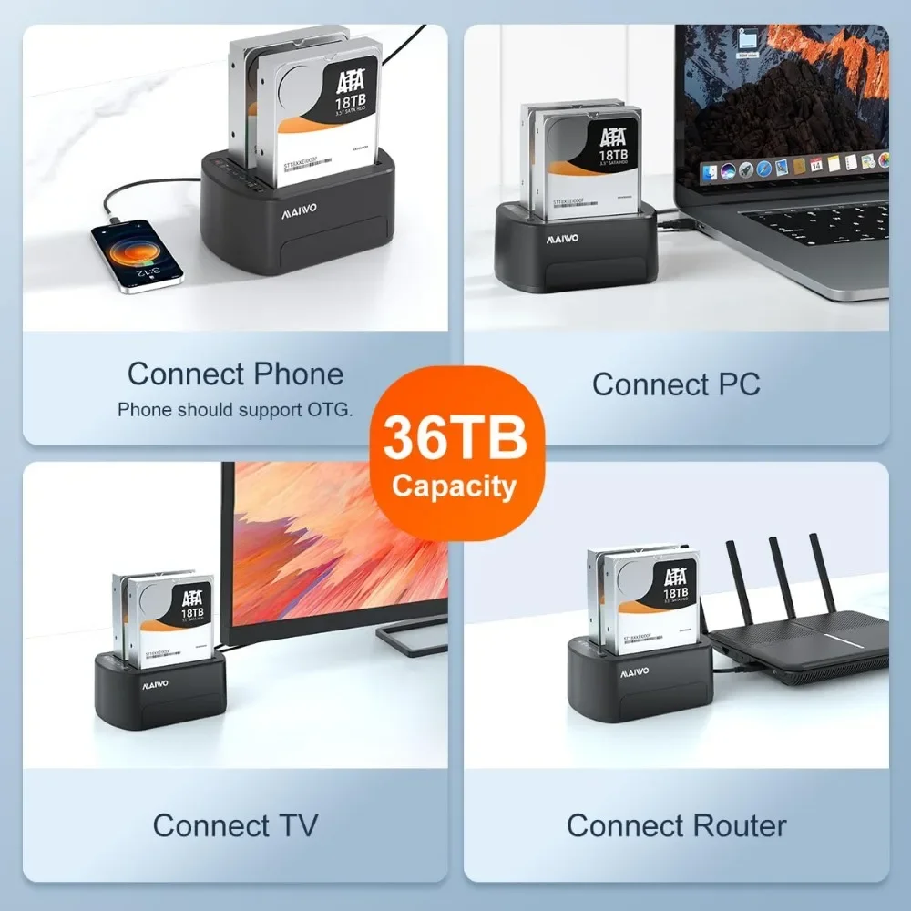 MAIWO 듀얼 베이 하드 드라이브 인클로저 (2.5/3.5인치 HDD/SSD SATA to USB 3.0 HDD 도킹 스테이션, 클론 기능 및 12V3A 전원 어댑터 포함)
