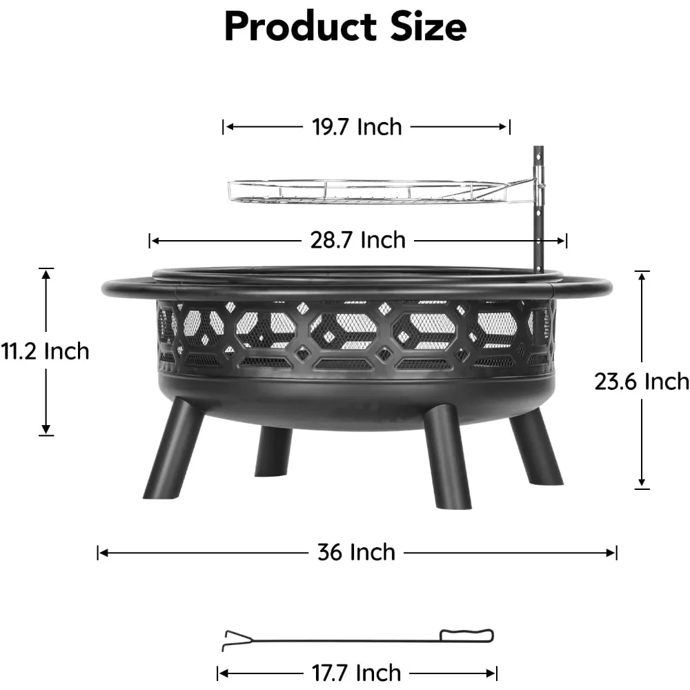 36 Inch Fire Pit, Outdoor Wood Burning Firepit with Removable Grill & Poker, Heavy Duty Metal Round Fireplace,2 in 1 Large Bonfi
