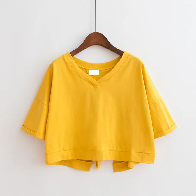 thumbnail image 1 of Camisetas de color sólido para mujer, camisetas de manga corta de verano 2024, tops sexis con escote en V y espalda descubierta, camisetas casuales holgadas para mujer, 1 of 4