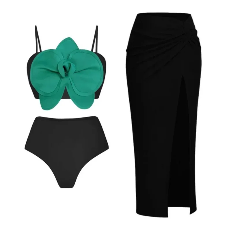 

Two Pieces Color Block Swimsuit and Skirt for Women 3D Flower Swimwear High Wasit Bquini Beach Bathing Suit Outfit