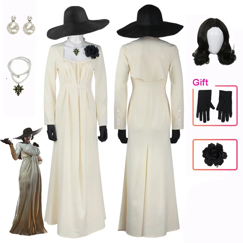 Evil Village Vampire Lady Lichescu Costume Cosplay Chatelain Alcina Biohazard Comtesse Parrucca Capelli Halloween Party Dress Collana