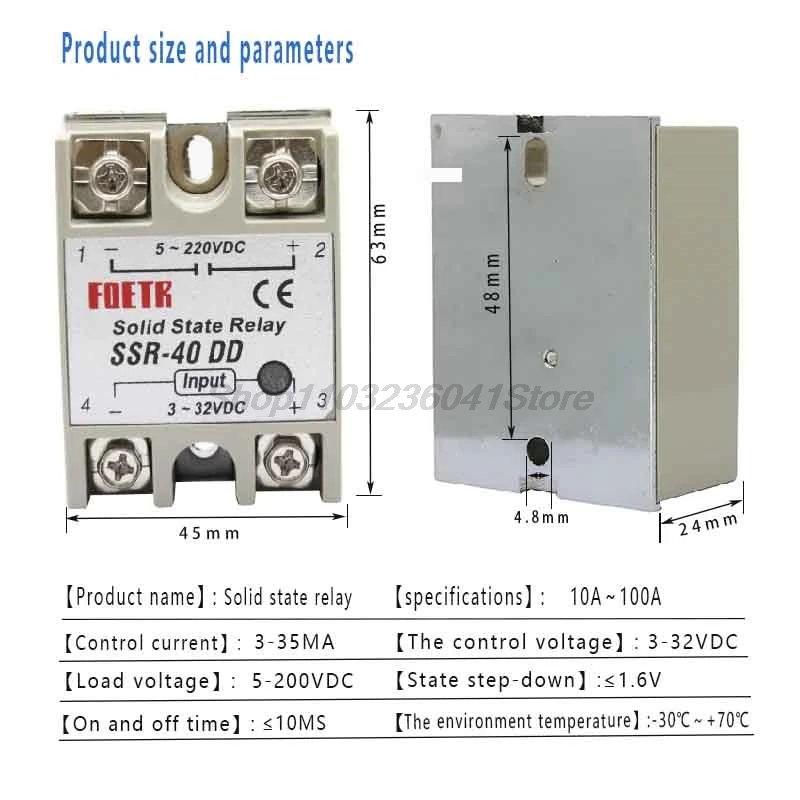 DC-DC 솔리드 스테이트 릴레이 모듈, SSR-10DD SSR-25DD SSR-40DD SSR-60DD SSR-80DD SSR-100DD, 3-32V DC 입력, 5-200V DC 출력, 10-100A