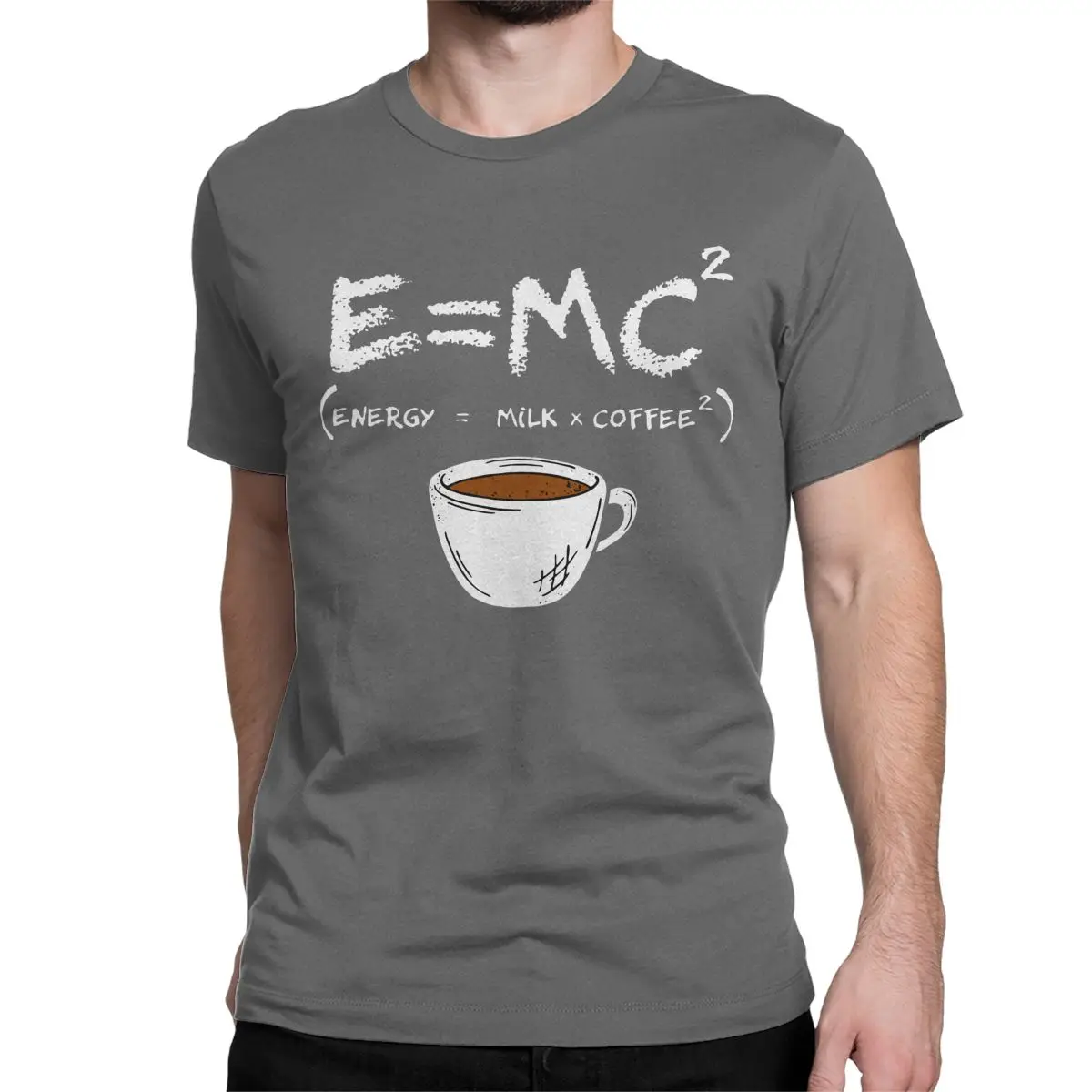 thumbnail image 1 of Camisetas de algodón para hombre y mujer, con cuello redondo y manga corta, con fórmula física E = MC2, de energía=leche+café., 1 of 7