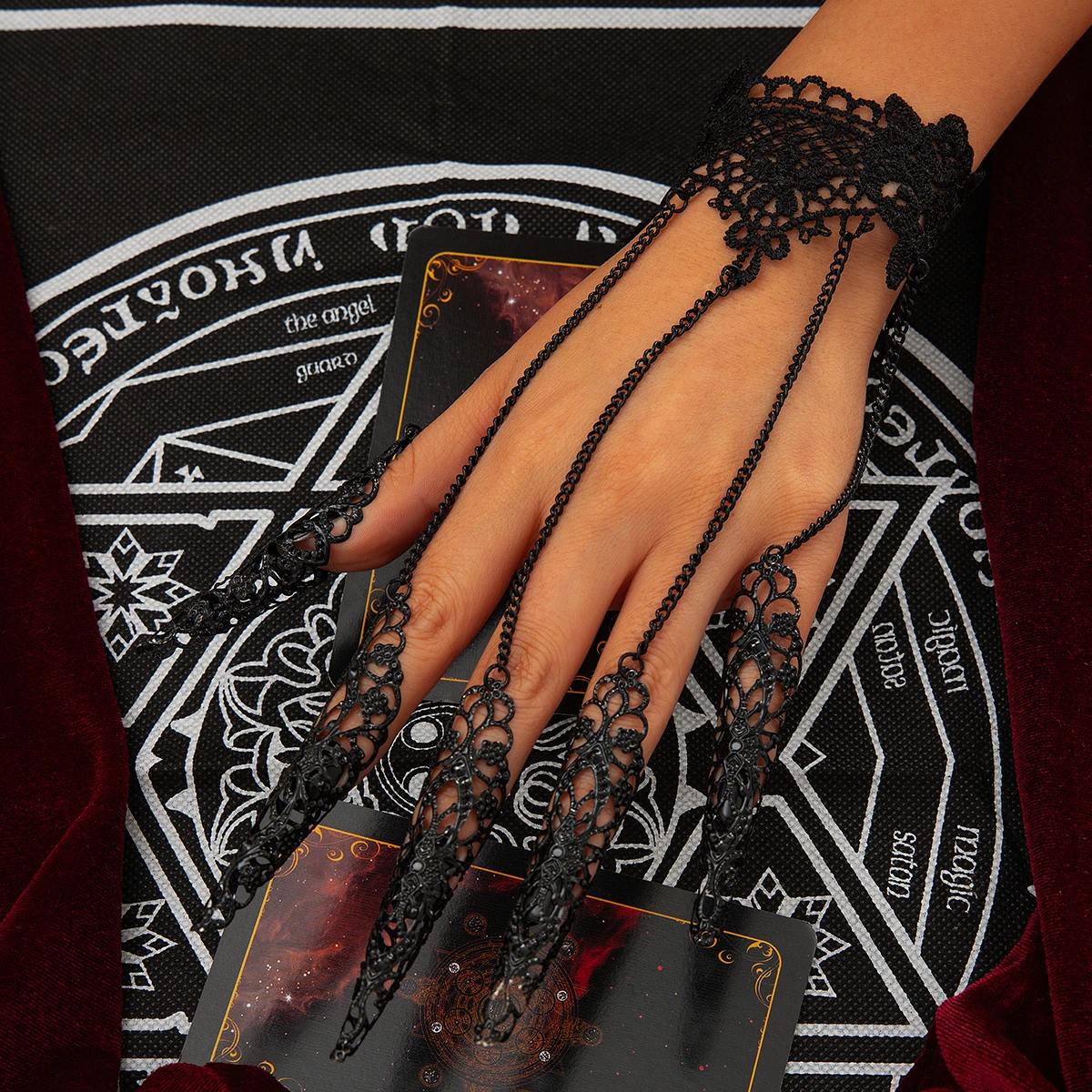 IngeSight.Z Gothic Black Hollow Lace Nail Set Bracelet for Women Goth Halloween Ghost Finger Bracelet Holiday Party Jewelry 4 IngeSight.Z Gothic Black Hollow Lace Nail Set Bracelet for Women Goth Halloween Ghost Finger Bracelet Holiday Party Jewelry 4