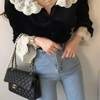여성용 벨벳 셔츠 상의, 레이스 패치워크 패션, 프릴 긴팔 블라우스, 빈티지 한국 루즈한 여성 셔츠 2023, 가을