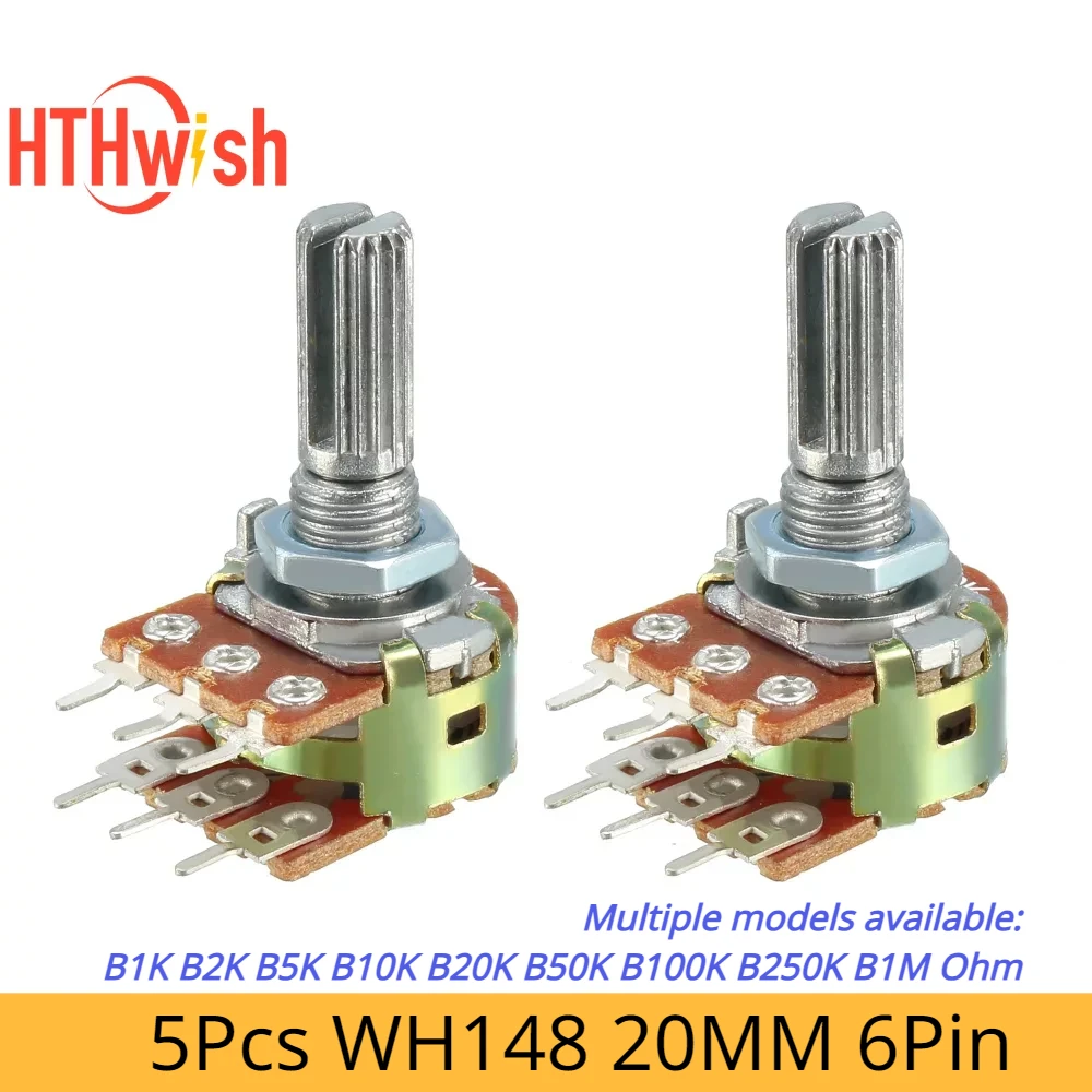 5pcs WH148 20MM 6Pin Dual Potentiometer B1K B2K B5K B10K B20K B50K B100K B250K B1M Ohm Variable Rotary Carbon Film Resistor