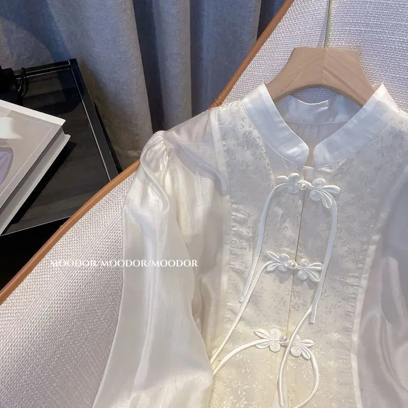 Jacquard Long Sleeve White Shirt Top Women's Spring Autumn Improved New Traditional Chinese Style Blouse Temperament Shirts