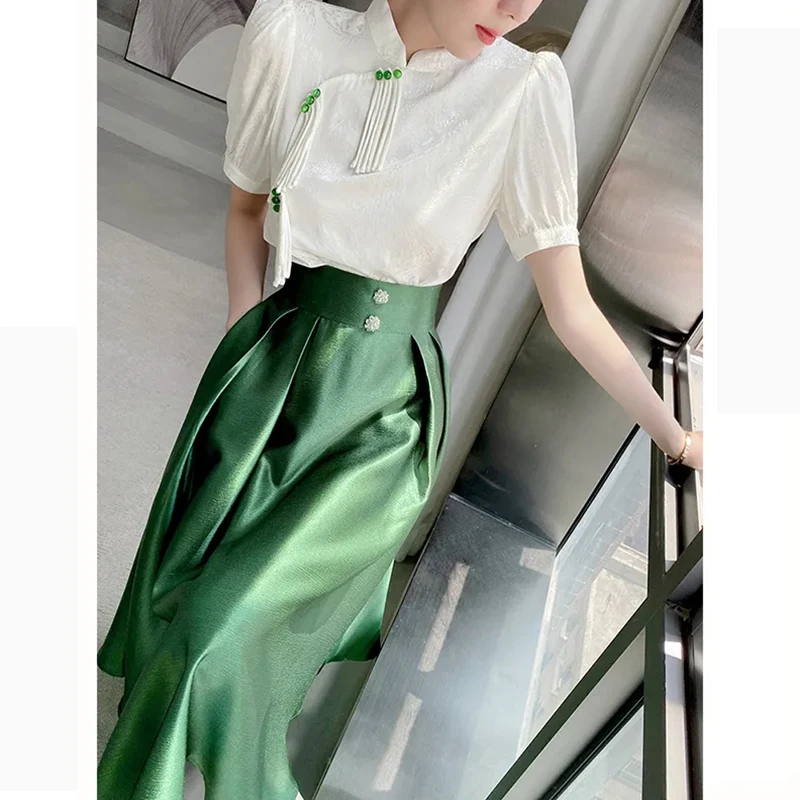 Original design sense of minority national style green skirt set female summer socialite temperament elegant top two