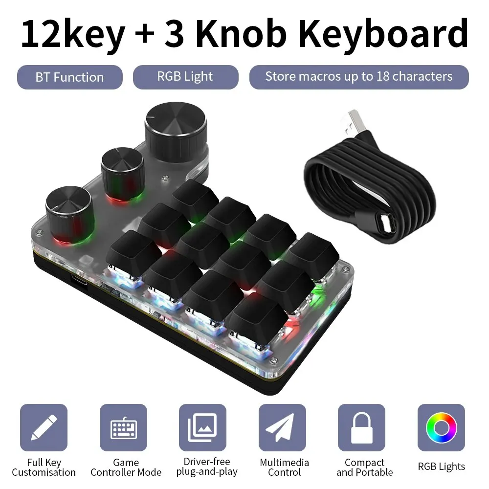 RGB 기계식 키보드 매크로 프로그래밍 12키 3노브 포토샵용 복사 붙여넣기용 커스텀 게이밍 키패드 핫스왑 매크로패드