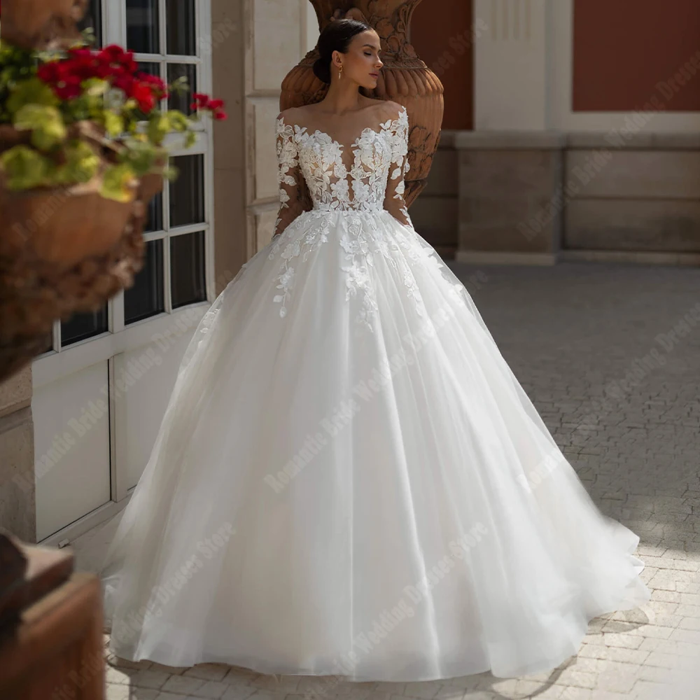 Sweetheart Collar A-Line Women Wedding Dresses Off Shoulder Lace Print Bride Gowns Mopping Length Shining Tulle Gowns Customized 3