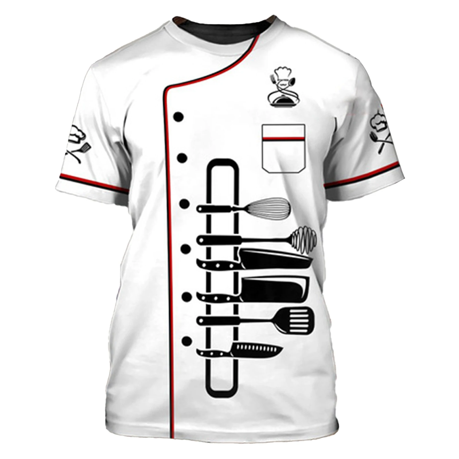 Chef Uniform Men Short Sleeve 3D Print T-shirt Cook Food Service Tops Hotel Restaurant Kitchen Canteen Cake Shop Bakery