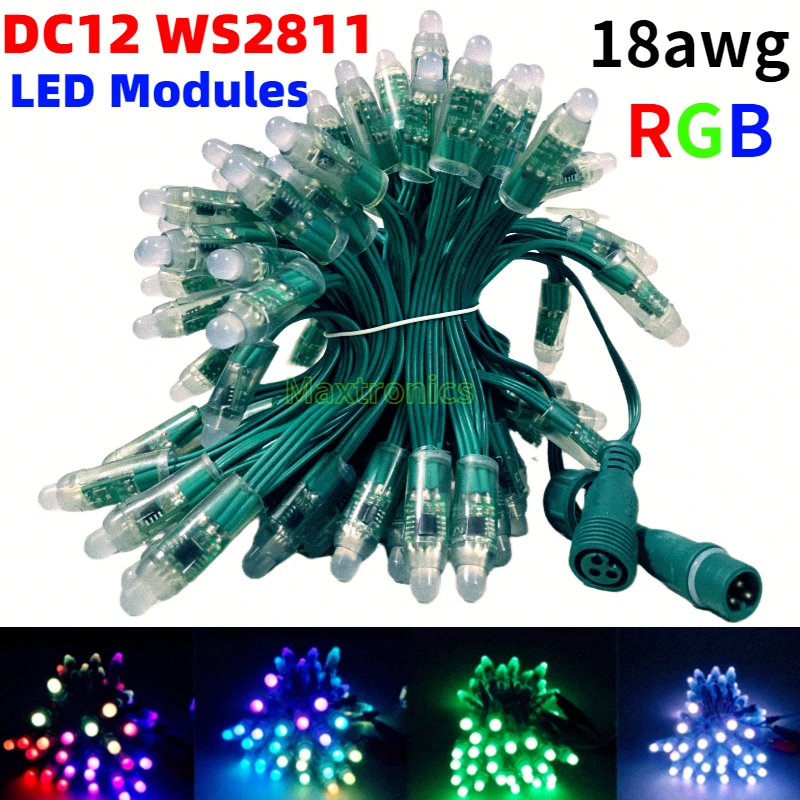 500-1000pc WS2811 RGB LED Modules 12mm String Light IP68 DC12V Waterproof Connector Programmable 18AWG Green Wire Led Pixel Lamp