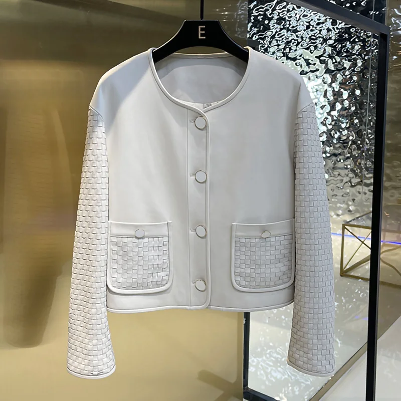 Lady Leather Jackets 2022 New Genuine Sheepskin Woven Sleeve Single Breasted Solid Short Coat Round Neck Streetwear AEL4937