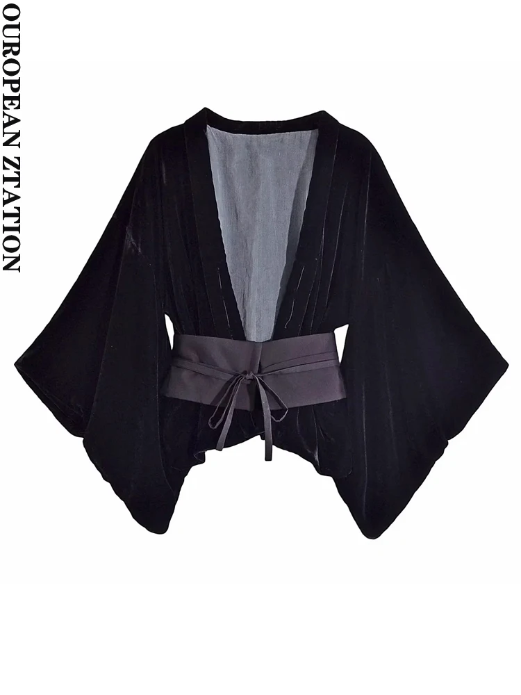 

PAILETE Women 2023 fashion with belt velvet corset jacket coat vintage v neck kimono sleeves female outerwear chic tops