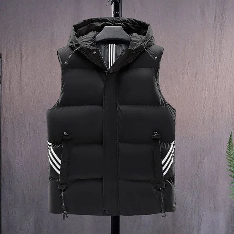 Men Hooded Vests Black Korean Fashion Heated Sleeveless Padded Jacket Casual Male Coat Autumn Winter Warm Creamy-white Waistcoat