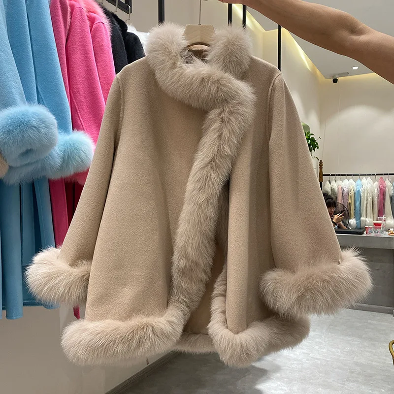 

2024 New Ladies Chic Genuine Fox Fur Collar Cape Outerwear Luxury Real Wool Cashmere Blend Loose Cloak Coats For Women