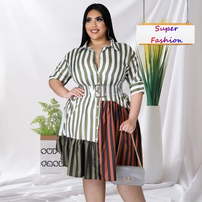 

WSFEC L-5XL Plus Size Dress Women Clothing Pink Brown Stripe Print Stitching Color Shirt Summer Dresses Wholesale Dropshipping