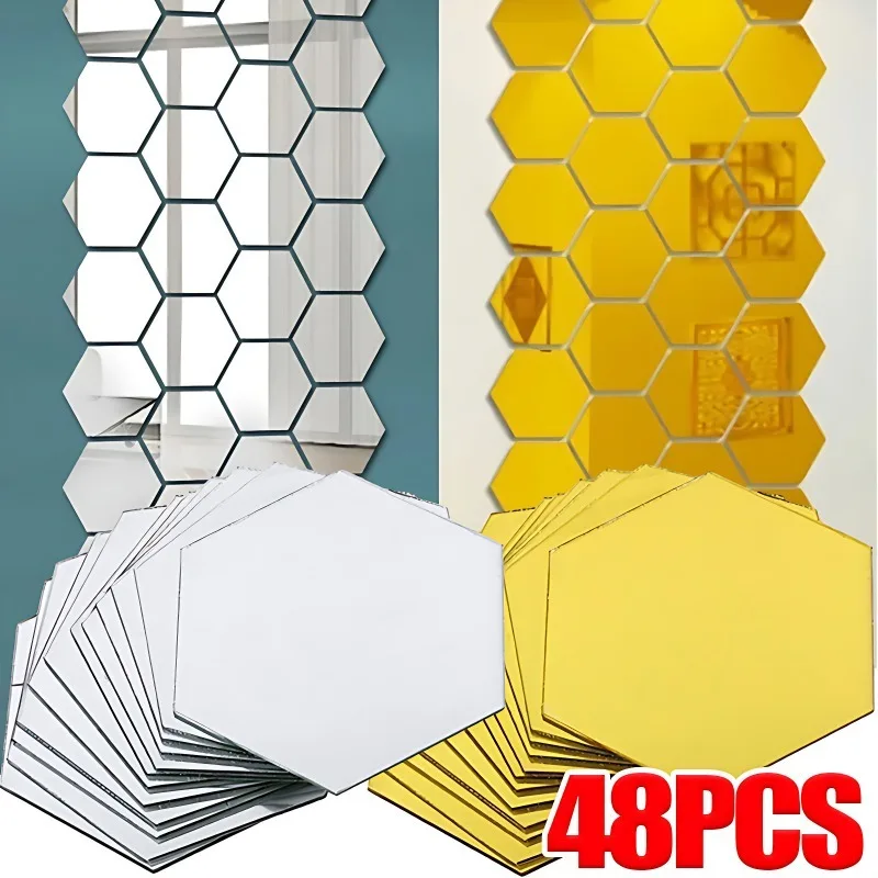 48 6pcs 3D Mirror Wall Sticker Hexagon Acrylic Self Adhesive Mosaic Tile Decals Removable Wall Sticker