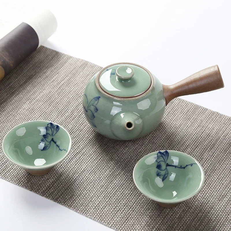 1pc Hand-painted open slice ice cracked rough pottery cup, Japanese master green glaze lotus tea cup, kung fu tea set