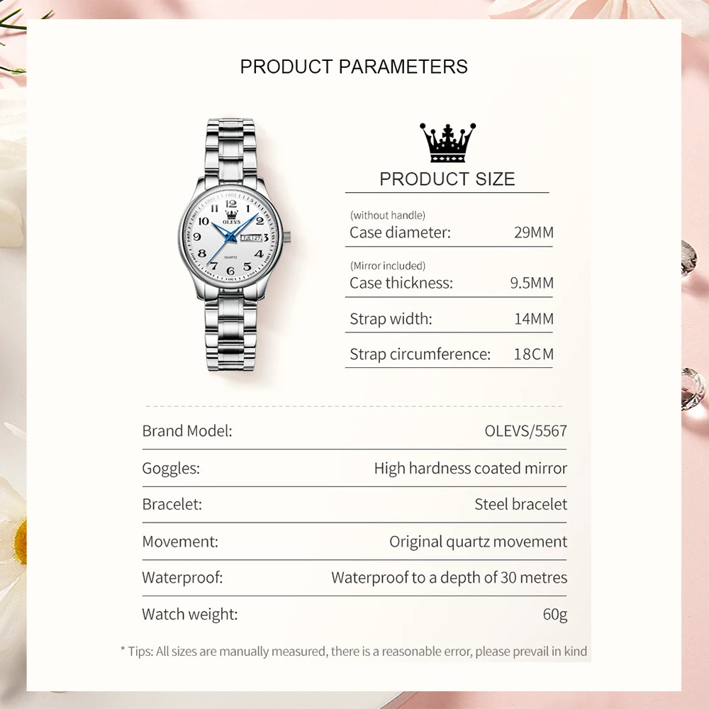 OLEVS Quartz Watch for Women Stainless Steel Waterproof Luminous Calendar Dial Fashion Elegant Women's Wristwatch Gift Set Reloj
