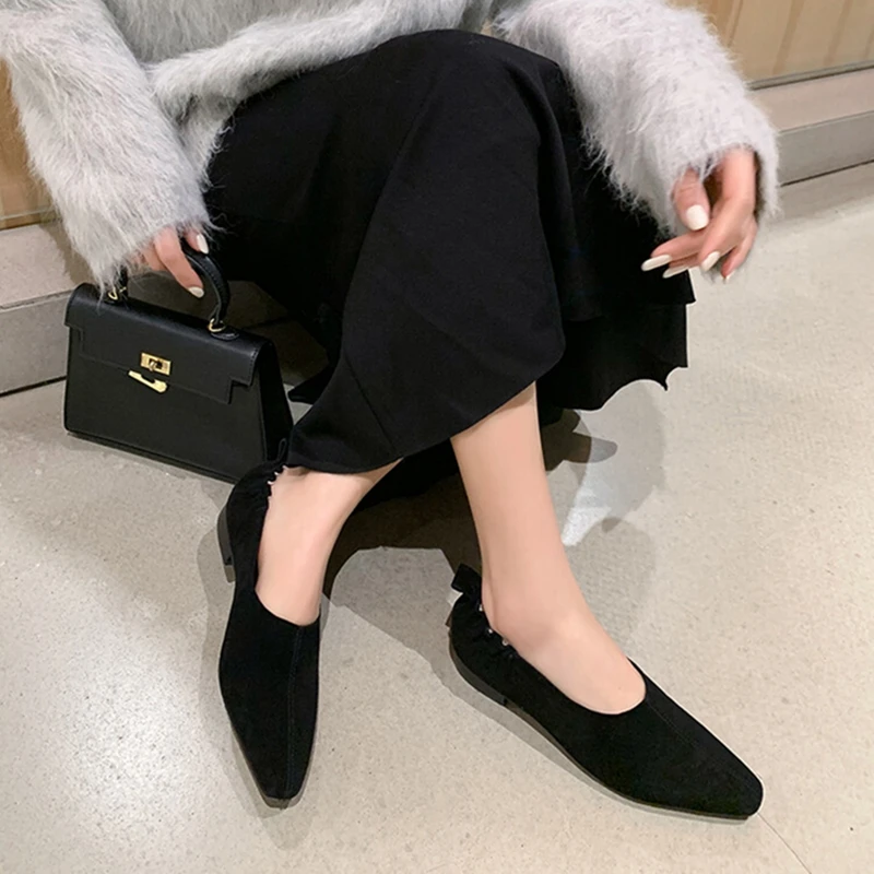 

NEW Spring/Autumn Women Loafers Sheep Suede Leather Shoes for Women Square Toe Chunky Heel Soft Shoes Black Shallow Women Pumps