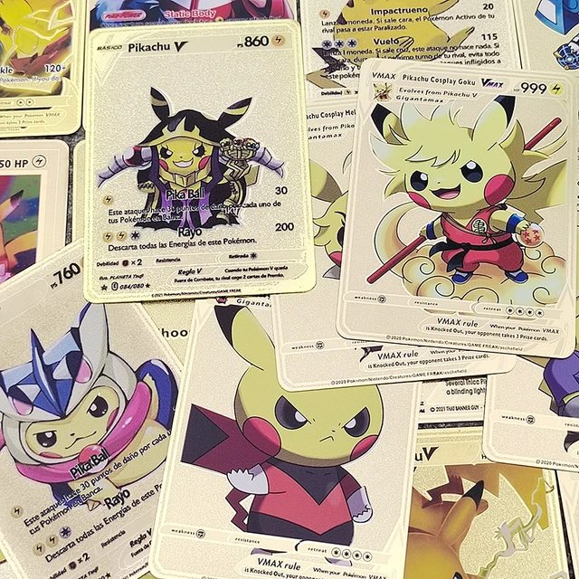 7000 HP Metal Pokemon Cards Spanish Letters Golden Iron GX EX Shiny Pokémon  Mewtwo Gengar Charizard Eevee Pikachu Children Toys - AliExpress