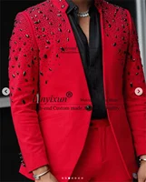 Sparkly Stone Crystals Tuxedo Men Suits Stand Collar Groom Wedding Male Prom Blazers Customized 2 Pieces Sets trajes para hombre 1