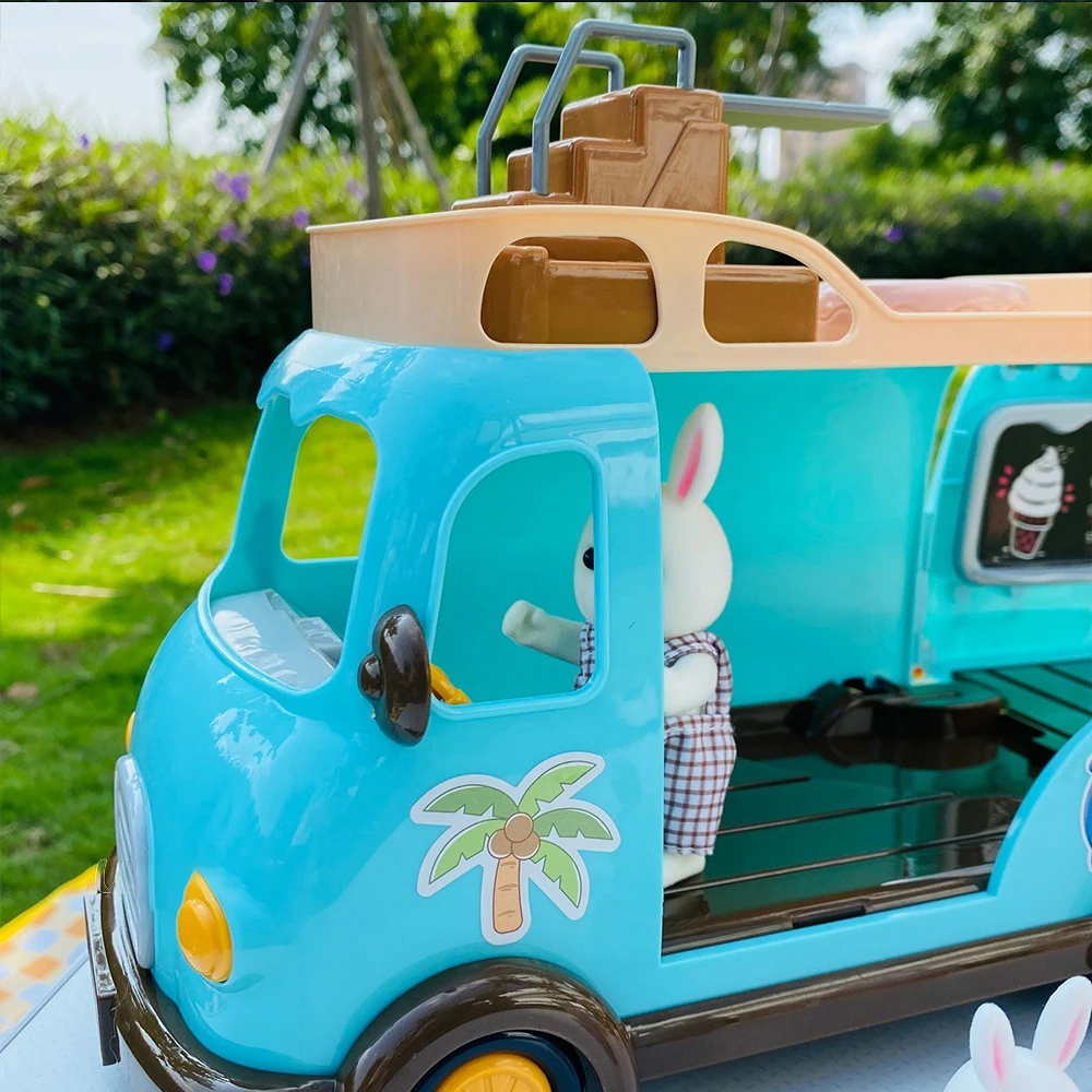 Beach Bus 1/12 Forest Family Bunny Ice Cream Sales Vehicle Dollhouse Miniature Furniture For Girls Play House Toy Birthday Gifts 3