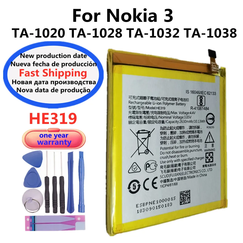 

Оригинальный аккумулятор 2630 мАч HE319 для Nokia 3 Nokia3 TA-1020 TA-1028 TA-1032 TA-1038 мобильный телефон, Сменные Аккумуляторы