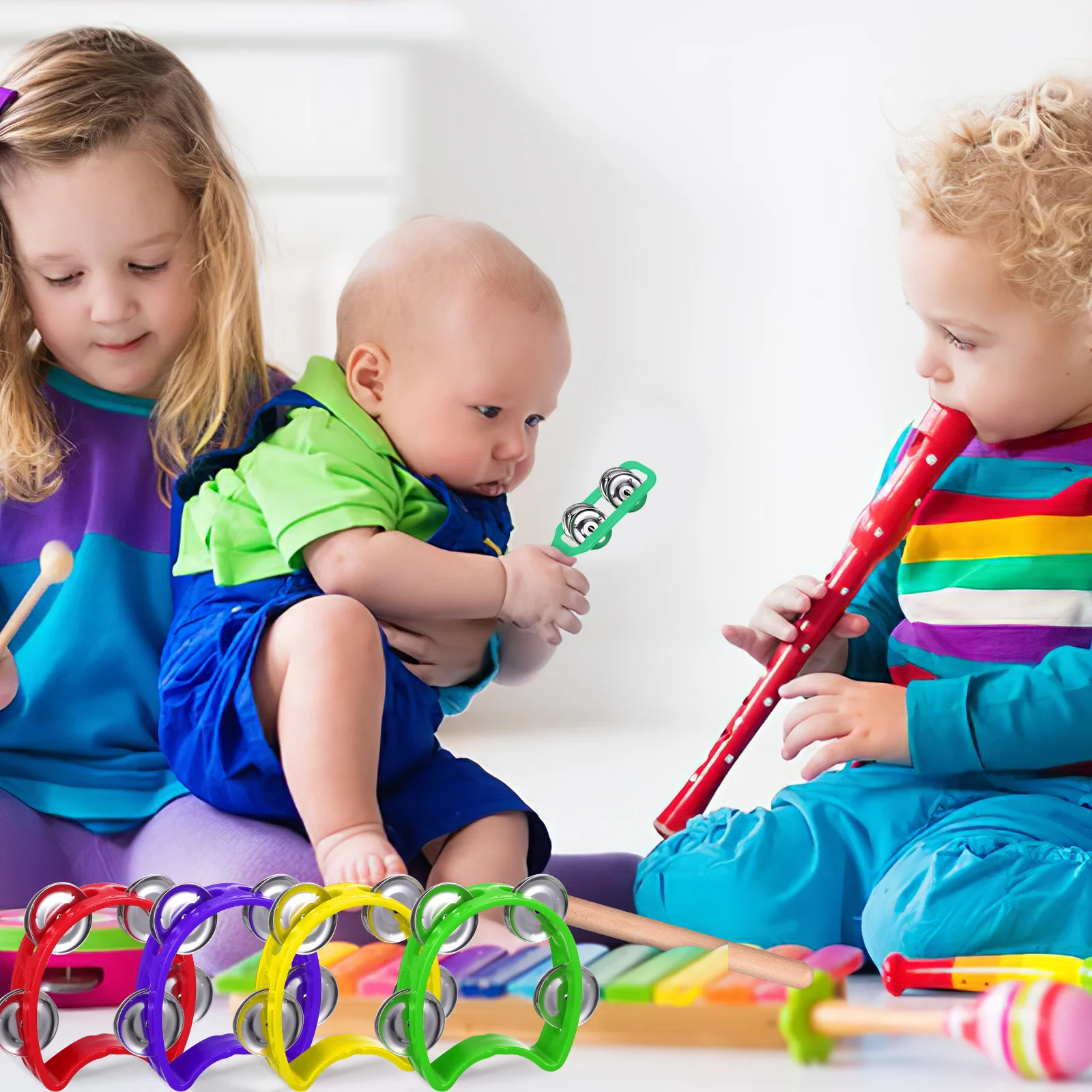 Hand Bells Tambourine Jingle Sticks Shaker Rattle Wooden Orff Musical Instruments For Toddler Early Educational Toys