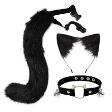  Fluffy Animal Ears Headband Furry Ears Hair Hoop Necklace Tail Set Leather Choker for Halloween Party Fancy Dress 