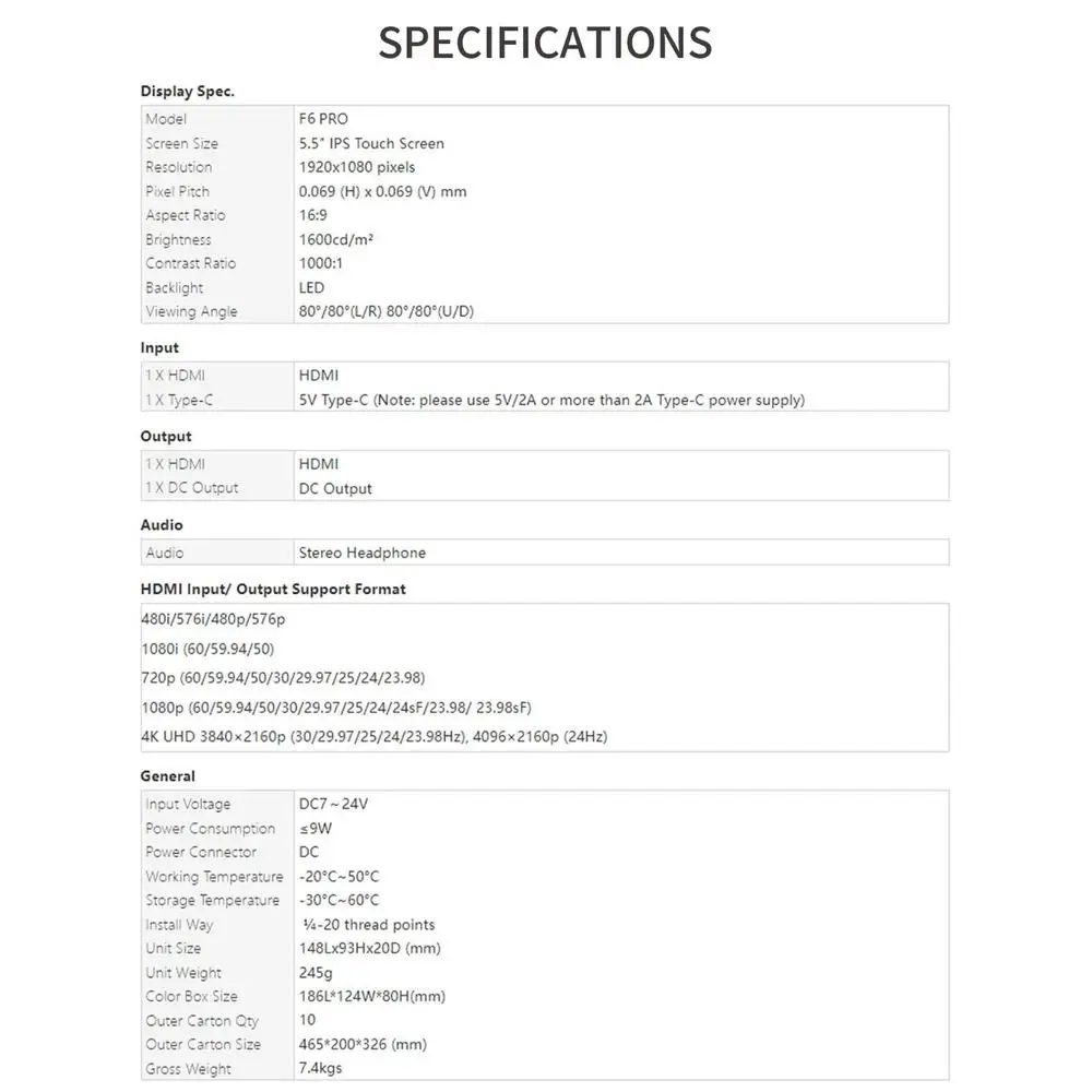 F6 Pro 5.5 Inch DSLR Camera Filed Monitor Touch Screen 1600nits Ultra Bright IPS