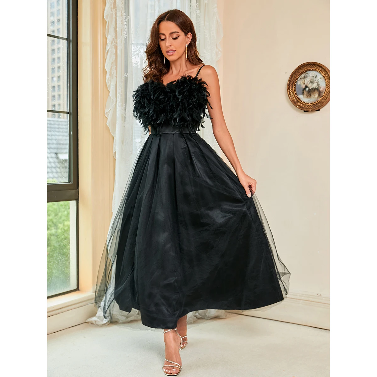 

2023 New Arrival Elegant Feather Sling Mesh Female Evening Dress Autumn Sleeveless High Waist Puff Dresses