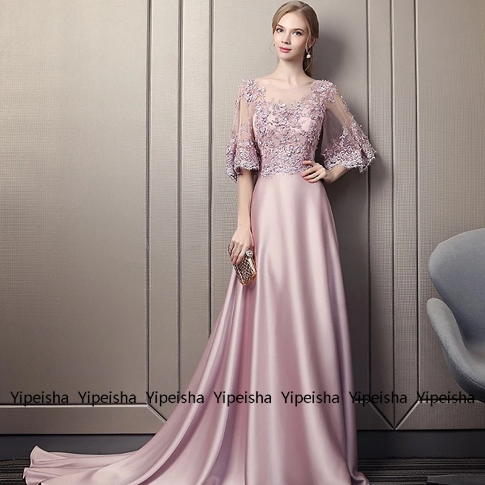

Yipeisha Scoop Half Sleeve Mother Of Bride Dresses Stretch Satin Women Dress Lace Baby Pink Prom Gowns Mère Formelle Robes