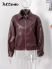 Fashion Zipper Short Leather Jackets Women Loose Lapel Long Sleeve Spliced Cropped Coats 2024 Autumn Lady Solid Y2k Streetwear 6