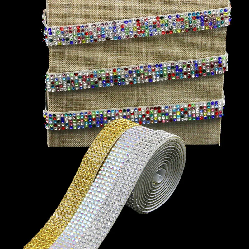 (1yard/pack) 11mm Multi-color Glass Rhinestone Ribbon With Adhesive Backing Handmade Bow Home Decoration Crafts