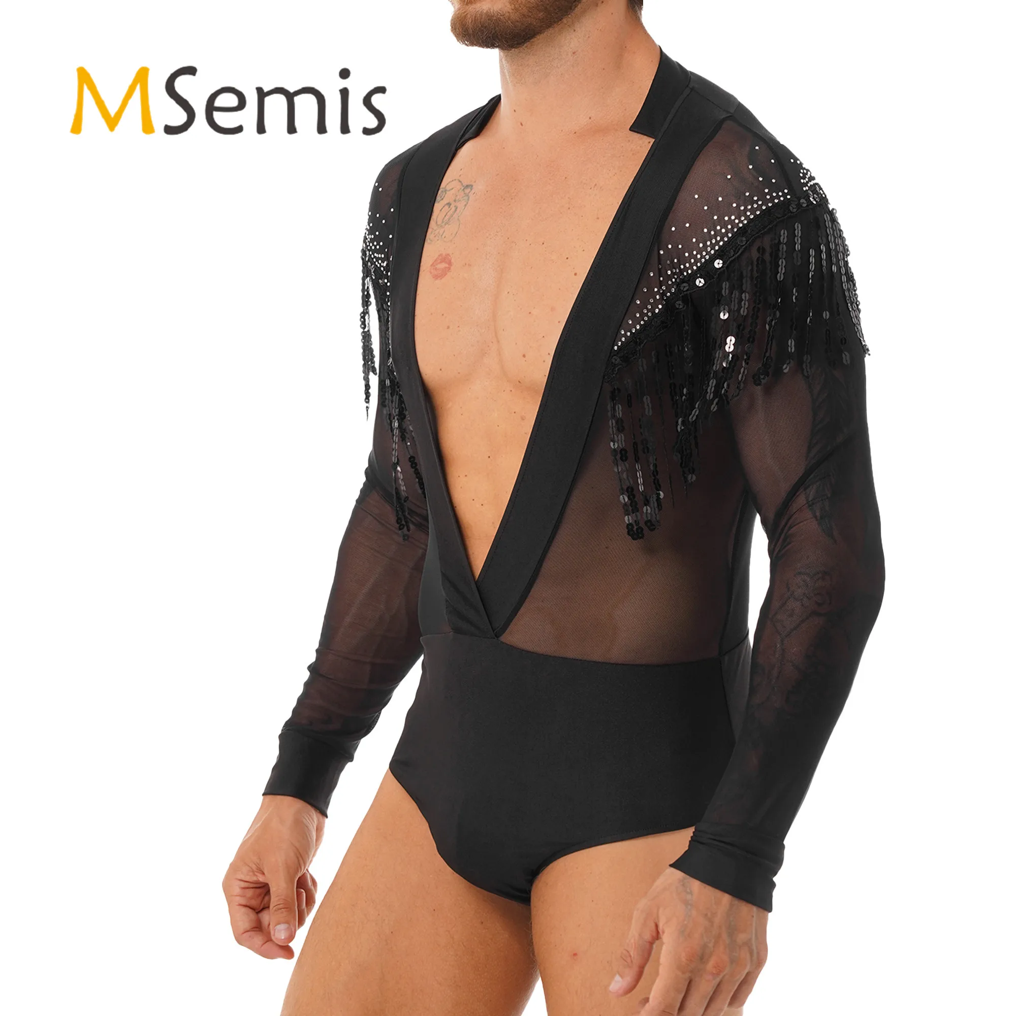 Body Homme Adulte Justaucorps Danse Latine Homme Manches Longues Strass  Tango/salsa Tailles M-XXL Costume Homme Blanc