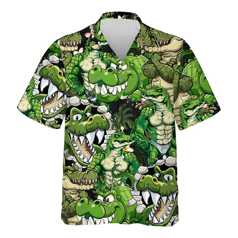 thumbnail image 1 of Camisa hawaiana con estampado 3D de animales divertidos para hombre, camisas Aloha con patrón de cocodrilo, blusas casuales holgadas de manga corta con solapa de verano, 1 of 5