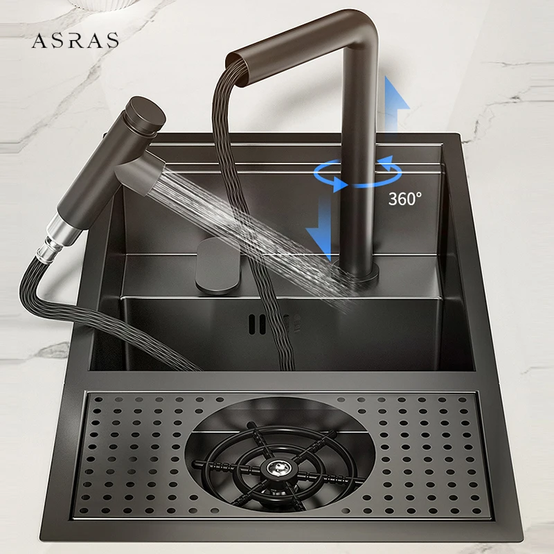 ASRAS Nano Kitchen Sink Cup Washer Hidden Bar Counter Cover Concealed Single Bowl Sinks With Lifting Faucet kitchen accessories kitchen sink kitchen sink faucet set kitchen sink hole cover