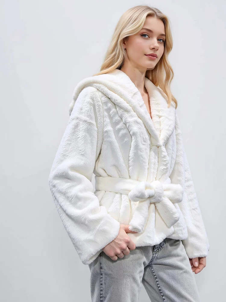 Women Winter Jacket Faux Fur Long Sleeve Fashion Hooded Belt Thicken Warm Elegant Women's Coat Street Casual New Outerwear