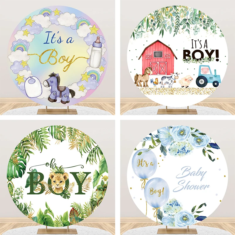

It's a Boy Round Backdrop Cover Newborn Baby Shower Party Blue Balloon Decorations Lion Horse Farm Circle Photo Background Cloth