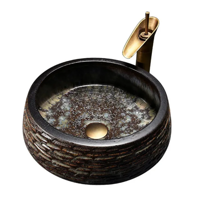 Antique Bathroom Sink Round Bowl Basin Washroom Ceramic Washbasin Balcony Countertop Art Basin with Faucet 3