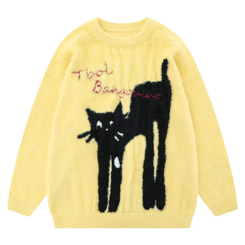Beianji brand knit sweater American slouchy cat jacquard mohair for men and women autumn and winter lovers thick loose pullover 3