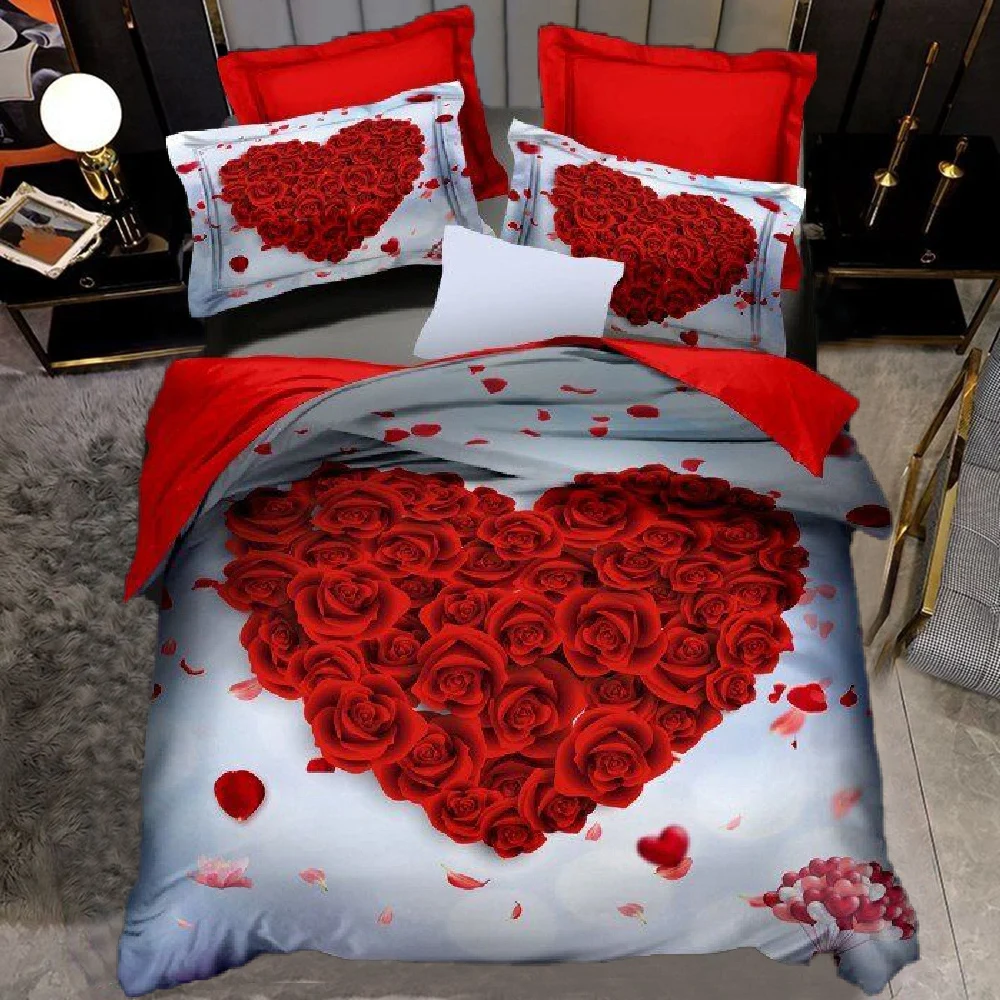 

3D Rose Heart Bedding Set Nordic Duvet Cover 150x200 220x240 King Size Quilt Cover Modern Cat Wolf Print Pillowcase No Bed Sheet