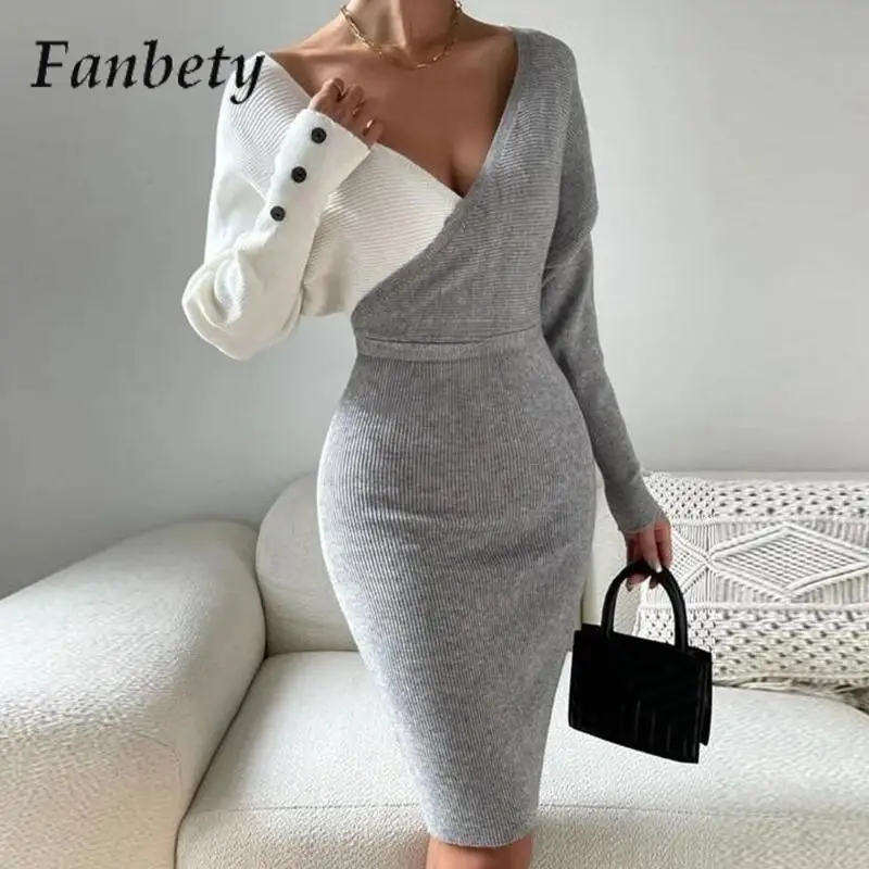 

Elegant Hip Wrap Slim Knit Dress Fashion Contrasting Color Commuter Office Midum Dress Lady V-Neck Long-Sleeve Temperament Dress