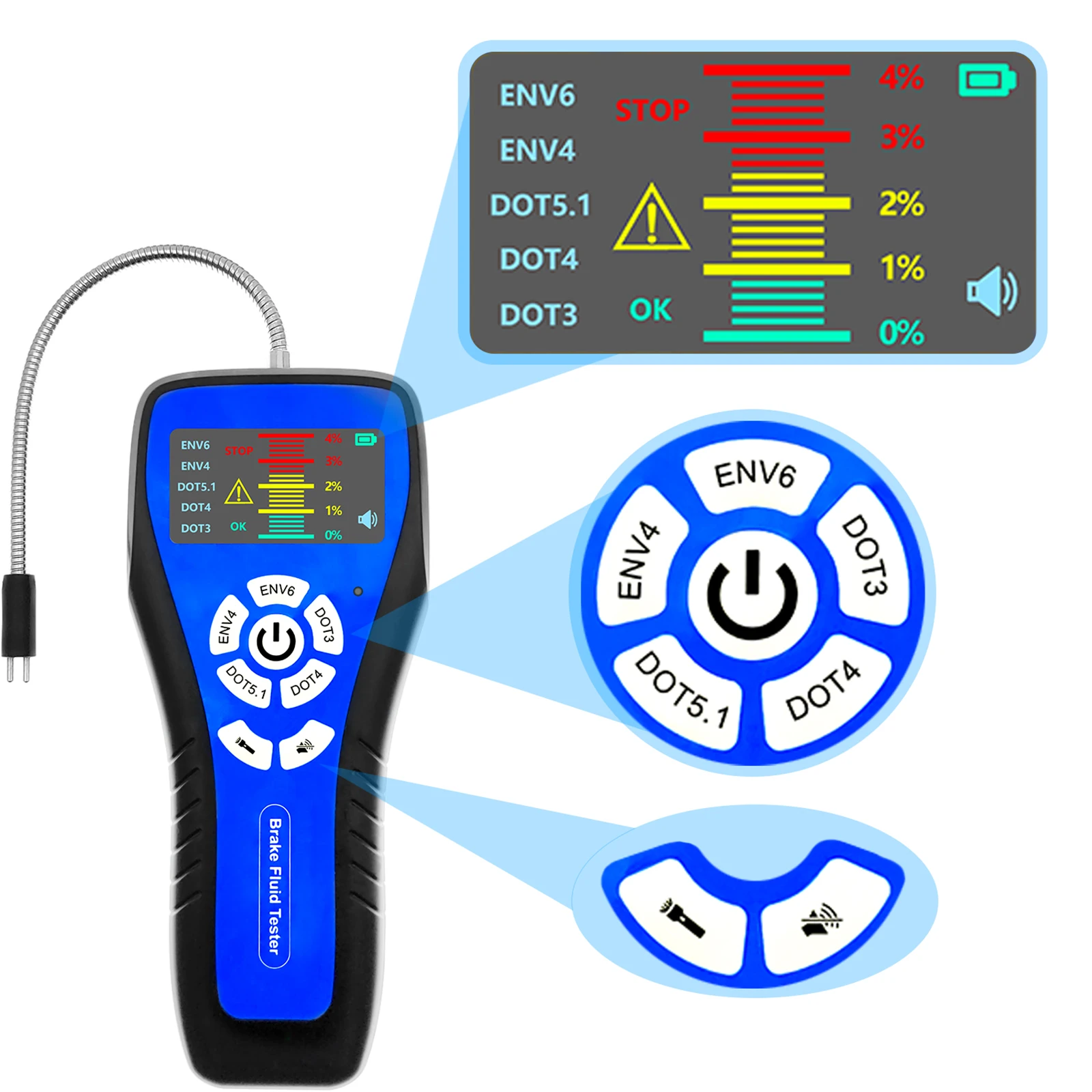 Brake Fluid Tester High Precision Car Brake Fluid Detector with Color LCD Screen Audible Alarm DOT3 DOT4 DOT5.1 ENV4 ENV6 Tester 2