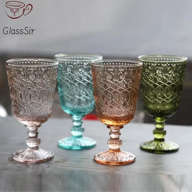 Drinking Glass 2Pcs Vintage Relief Wine Glass Cups Color Embossed Goblet Home Juice Water Cup Wedding Party Champagne Cocktail Cup Gift 350Ml